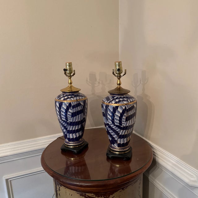 Metal Late 20th Century Oriental Style Painted Ceramic Vase Lamps ~ a Pair For Sale - Image 7 of 12