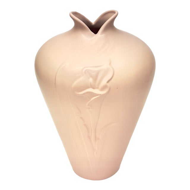1980s Extra Large Matte Blush Vase With Relief Lilly Motif by Haeger, No 7100. Made in Usa For Sale