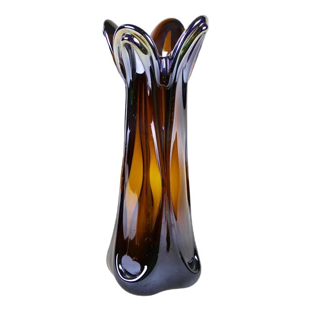 Italian Amber Colored Vase in Murano Glass with Chrome Effect, 1970 For Sale