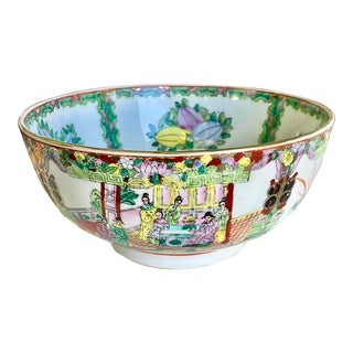 Vintage Chinese Famille Rosé Large Hand-Painted Ceramic Punch Bowl With Gold Gilt Trim For Sale