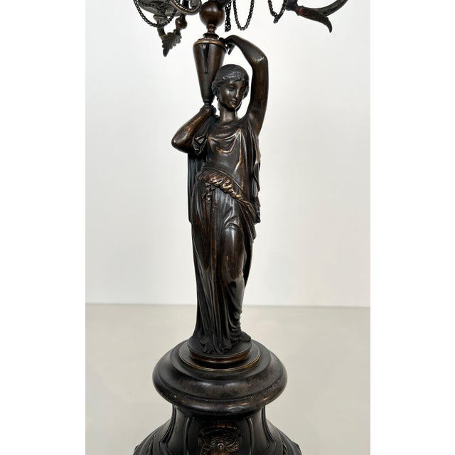 1900 - 1909 Pair of large patinated bronze candelabras representing caryatids For Sale - Image 5 of 12