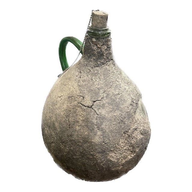 French Vintage Wabi-Sabi Glass Wine Jug – Cement-Crusted With Original Bouchon For Sale