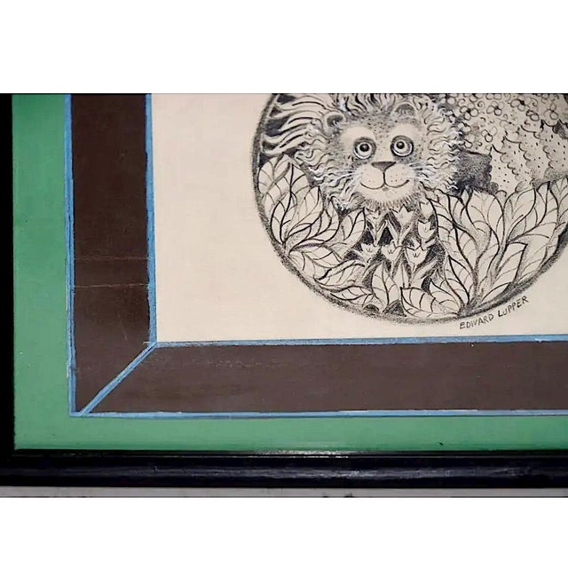 Drawing/Sketching Materials Edward Lupper (1936-2016) "Lion in His Garden" Original Charcoal Drawing C.1960s For Sale - Image 7 of 10