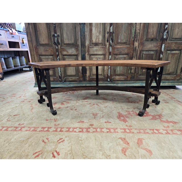 Wood Solid Reclaimed Wood and Iron Crescent Bench For Sale - Image 7 of 7