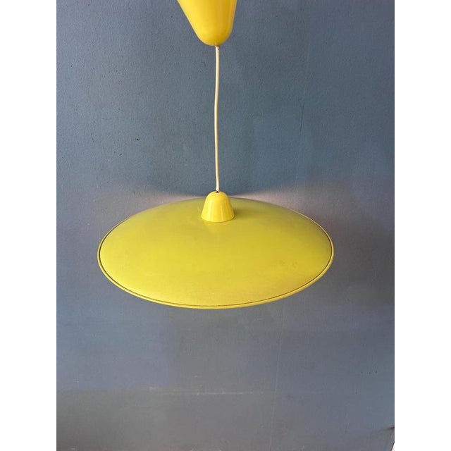 Mid-Century Modern Opaline Glass Pendant Lamp with Yellow Metal Shade For Sale - Image 6 of 13