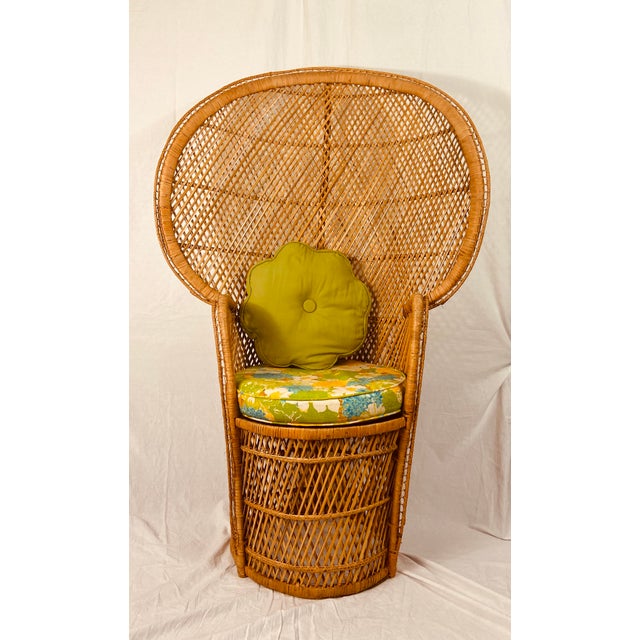 Vintage 1970’s Boho Wicker Rattan Peacock Chair With Original Cushions