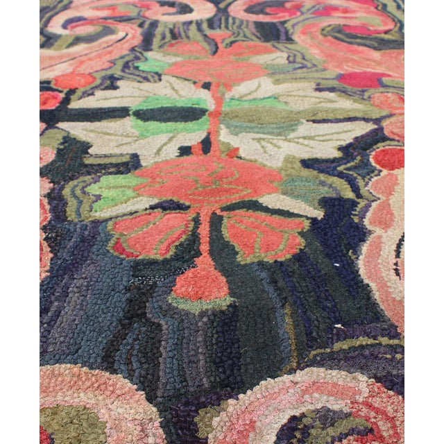 Textile Early 20th Century Charcoal Red and Green Antique American Hooked Rug With Large Flower Design For Sale - Image 7 of 9