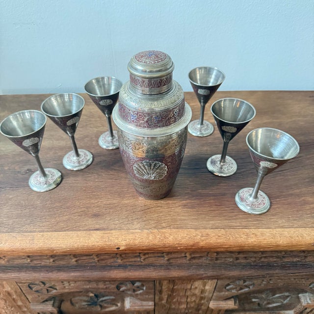 Silver Vintage Asian Silver Plated Etched Brass Cocktail Shaker & Cordial Set- 7 Pieces For Sale - Image 8 of 9