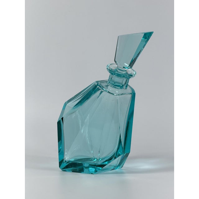 Bohemian Geometric Aqua Crystal Decanter, Former Czechoslovakia, 1960s For Sale - Image 3 of 8