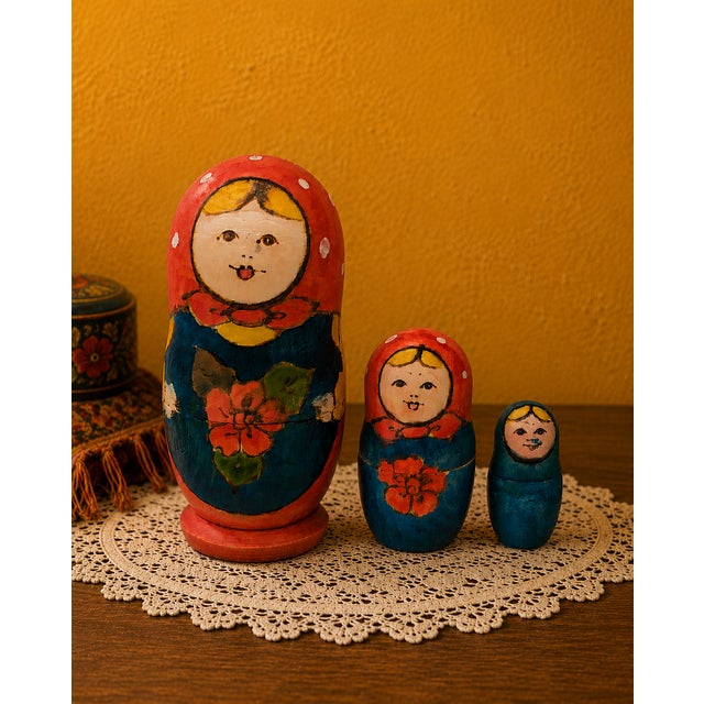 Charming vintage Russian-style Matryoshka nesting doll set of three, dating approximately to the 1960s–1970s. This...