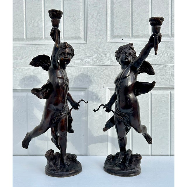 Neoclassical Vtg. Large Bronze Neo-Classic Style Cherub Candle Holders For Sale - Image 3 of 14
