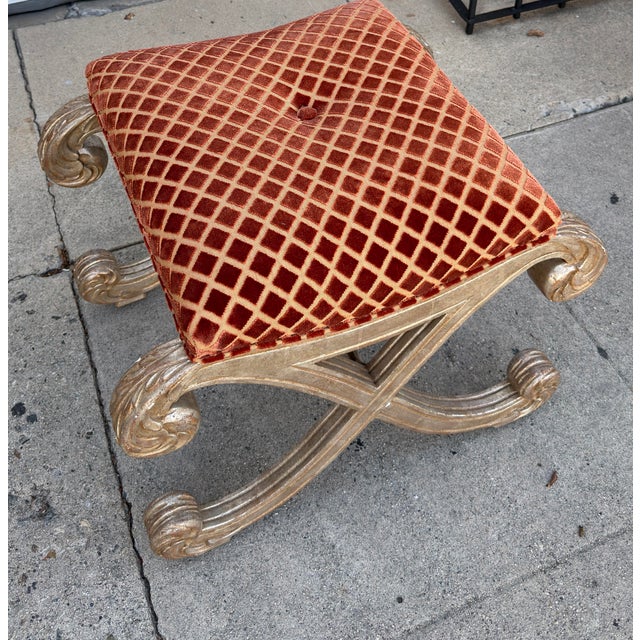 Red Nancy Corzine Saber Leg Giltwood X Bench W Red Silk Cut Velvet Fabric For Sale - Image 8 of 8
