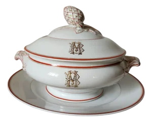 Antique French Porcelain Pillivuyt Soup Tureen with Gilded MB/BM Monogram