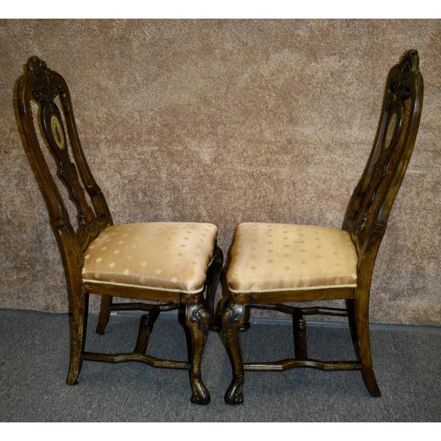 Antique Walnut Dining Chairs Italian Venetian Reverse Painted Glass Pair 1910s For Sale - Image 10 of 12