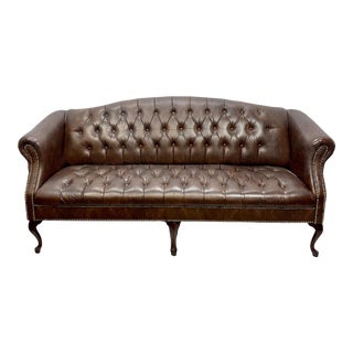 Vintage Traditional Chippendale Style Faux Leather Mahogany Fram Chesterfield Camel Back Sofa For Sale