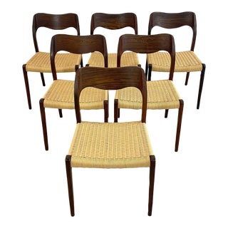 1960s Møller Model 71 Dining Chairs in Rosewood and Paper Cord Seats - Set of 6 For Sale