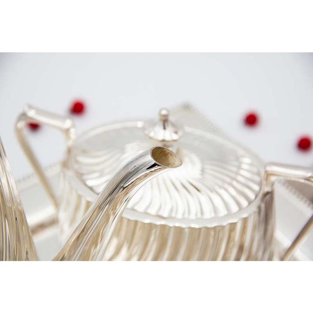 Metal Modernist Silver Tea Service with Tray in Relief, Set of 4 For Sale - Image 7 of 8