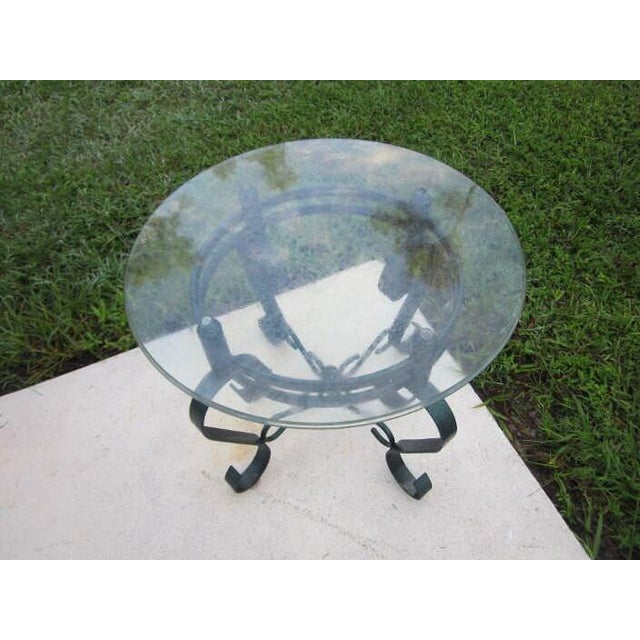 Vintage Salterini Style Round End Table Green Metal Glass Top For Sale In Naples, FL - Image 6 of 8