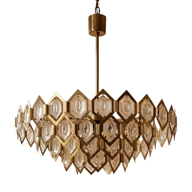 Faceted Glass and Brass Chandelier from Jaroslav Bejvl, Kamenický Šenov, Czechoslovakia, 1960s For Sale