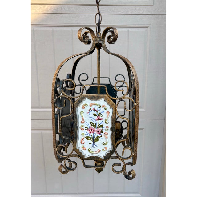 Bronze Vintage Gilded Lantern Pendant With Four Dimensional Porcelain Hand Painted Plaques For Sale - Image 8 of 10