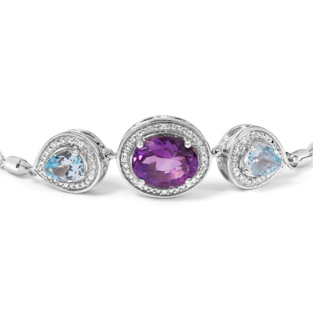 Contemporary .925 Sterling Silver Oval Amethyst and Pear Blue Topaz with Diamond Accent Lariat 4”-10” Adjustable Bolo Bracelet (H-I Color, SI1-SI2 Clarity) For Sale - Image 3 of 6