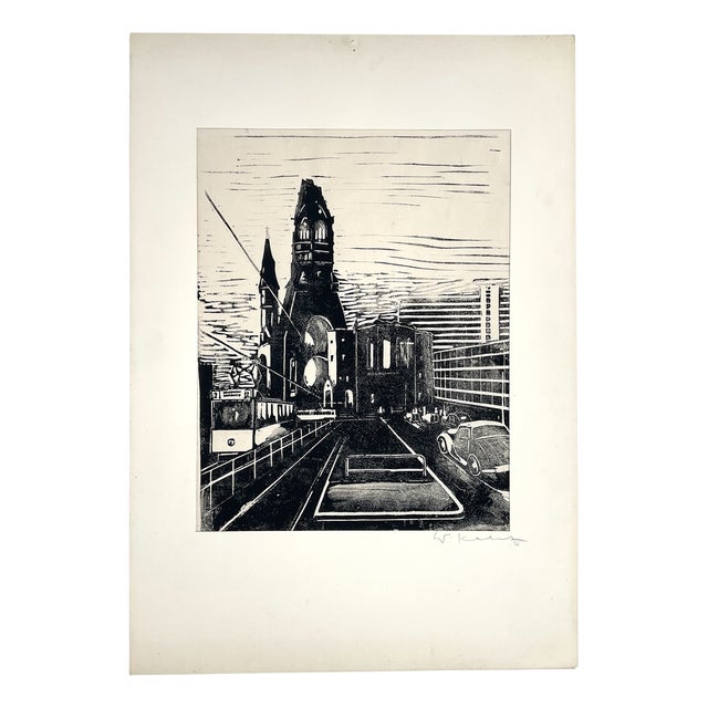 Walter Kalot, Street View of West Berlin at the Memorial Church, 1956, Linocut For Sale