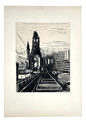 Walter Kalot, Street View of West Berlin at the Memorial Church, 1956, Linocut
