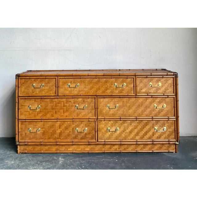 Mid-Century Modern Vintage Boho Dixie Parquet Rattan Dresser For Sale - Image 3 of 9