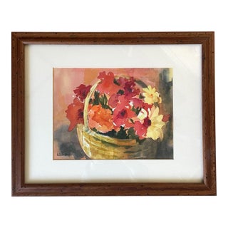 Vintage Watercolor Painting of Red Orange Yellow Flowers in a Vase Framed Signed For Sale