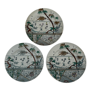 Set of 3 Late 19th-Century English Staffordshire Transferware Plates – Black Transfer With Hand Coloring