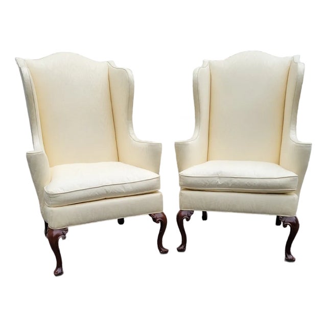 Pair of Southwood Queen Anne Wingback Chairs in Ivory Damask For Sale