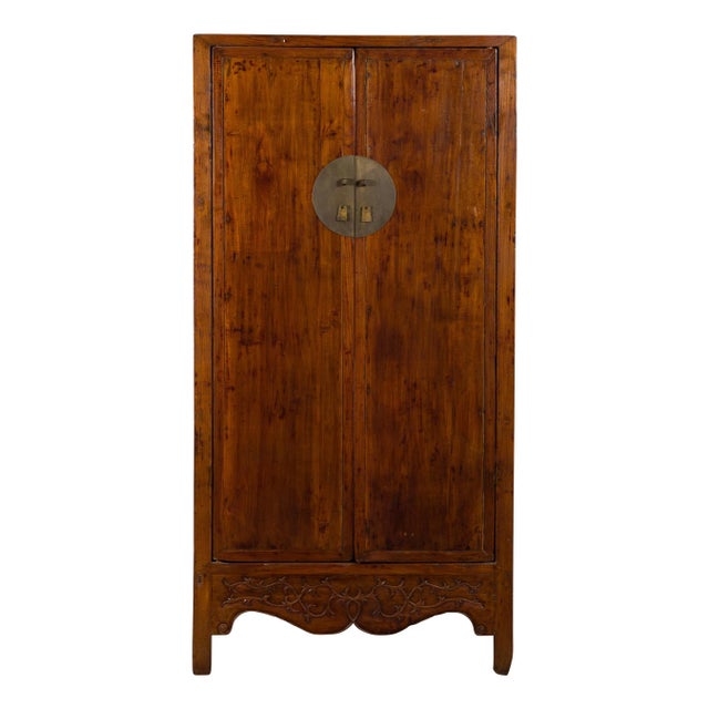 Wood 19th Century Chinese Qing Dynasty Brown Finish Cabinet with Carved Apron For Sale - Image 7 of 13