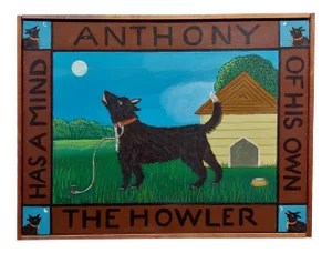 Barbara Chipman Moment -Dog Howling to the Moon -Naive Oil Painting