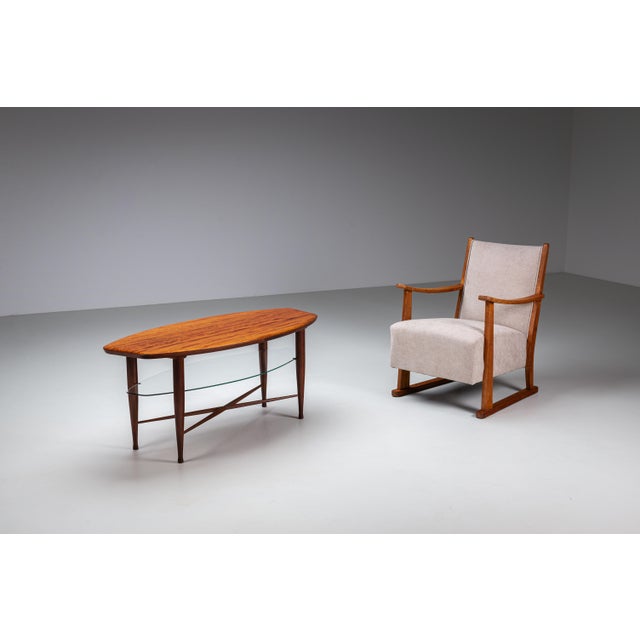 Wood Assymetrical Coffee Table with Glass Storage and Cross Leg Details, 1960s For Sale - Image 7 of 14