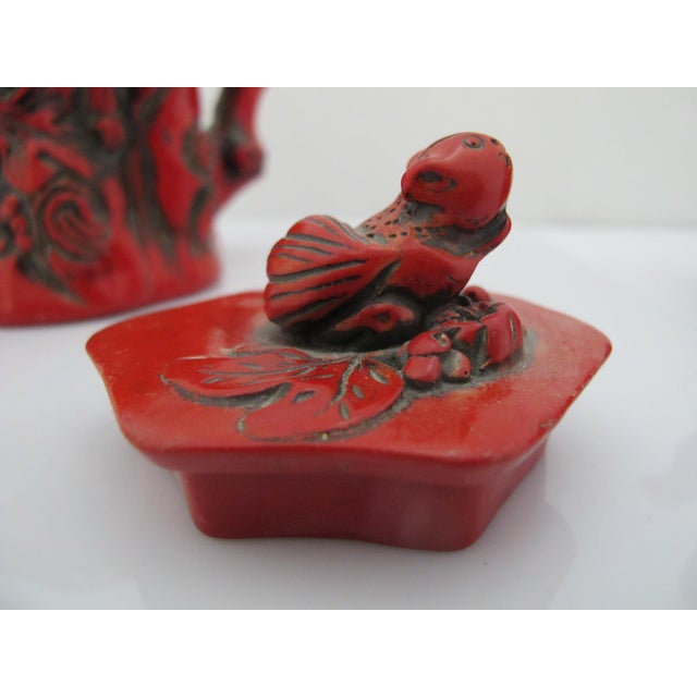 Red Chinese Red Lacquer Tree Trunk Branch Handle Squirrel Finial Lid Teapot For Sale - Image 8 of 15