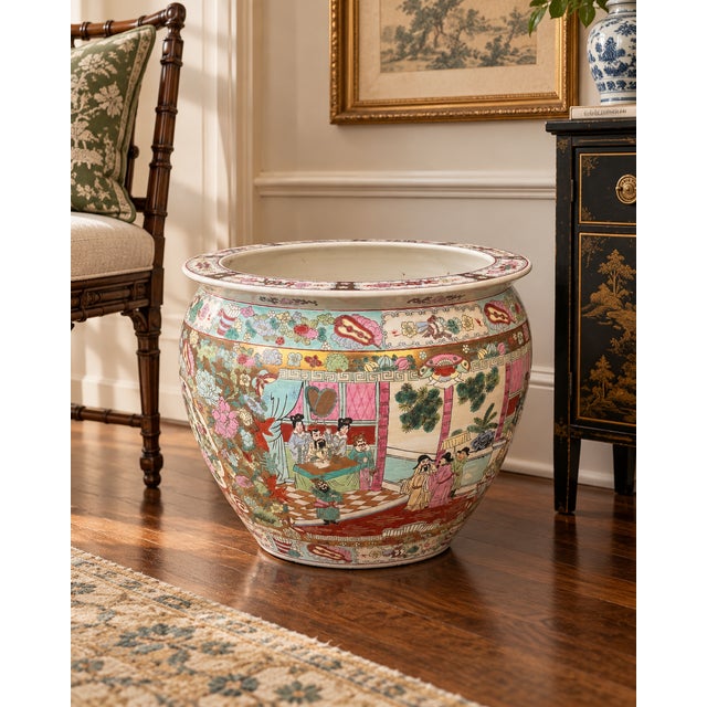 Chinese 20th Century Chinese Famille Rose Porcelain Fishbowl Planter With Figural Scenes For Sale - Image 3 of 14