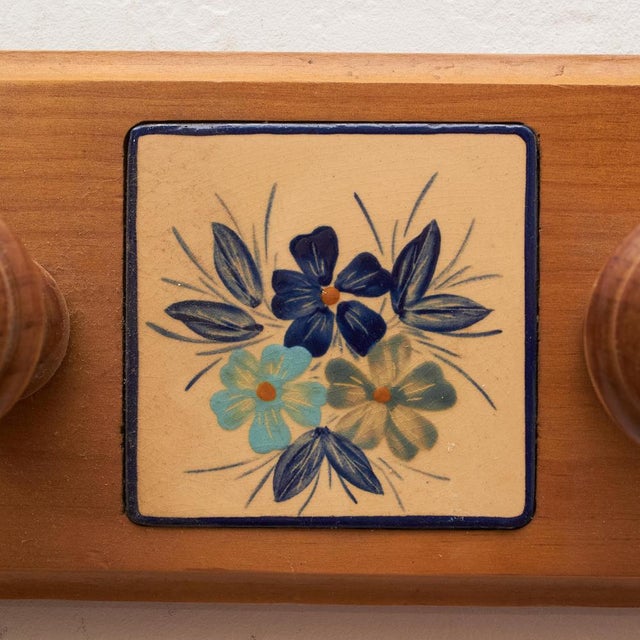 Wood Vintage Hand-Painted Ceramic and Wood Coat Rack by Diaz Costa, 1960s For Sale - Image 7 of 10