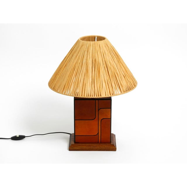 Table Lamp in Wood and Leather with Paper Straw Lampshade, Italian, 1960s For Sale - Image 18 of 18