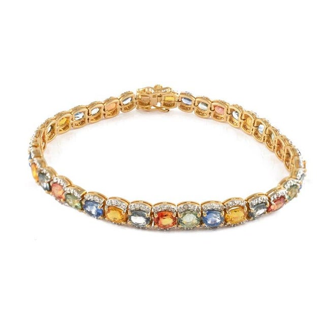 Not Yet Made - Made To Order 17.85 Ct Multi Sapphire Wedding Tennis Bracelet With Diamonds in 14k Yellow Gold For Sale - Image 5 of 11