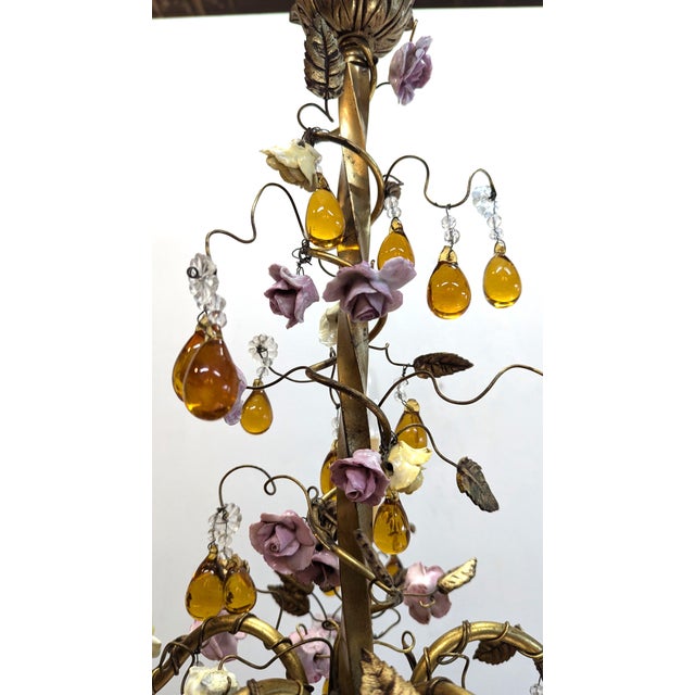 1940s 1940 French Tole Bronze With Ceramic Flowers Chandelier For Sale - Image 5 of 8