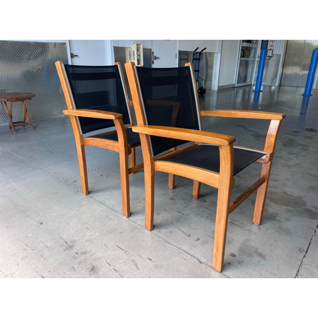 Wood Vintage Teak Sling Patio Lounge Chairs With Black Mesh – Robb & Stucky, A Pair For Sale - Image 7 of 14