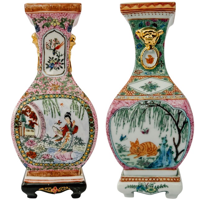 Chinoiserie Vintage Chinese Famille Rose Petite Square Baluster Vases With Removable Stands - Pair For Sale - Image 3 of 18