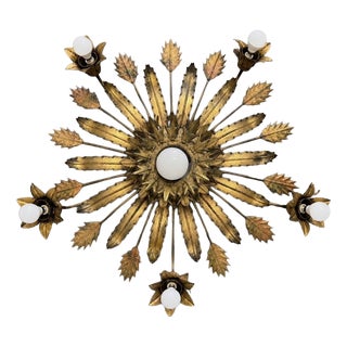 Spanish Ceiling Lamp with Gilded Iron and Floral Motif, 1950s For Sale