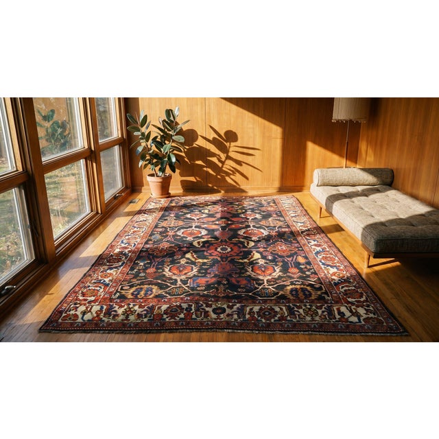 Textile Exciting Tribal Design Blue Background Rustic Antique Persian Bakhtiari Area Rug For Sale - Image 7 of 9