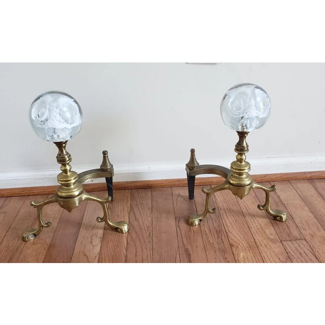 Pair of Regency Brass & Murano Glass Ball Andirons For Sale - Image 4 of 8