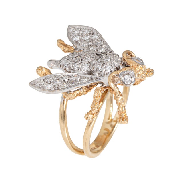 Modern Late 20th Century Diamond Bee Ring Size 6 Large Vintage 14k Yellow Gold Fine Insect Jewelry For Sale - Image 3 of 7