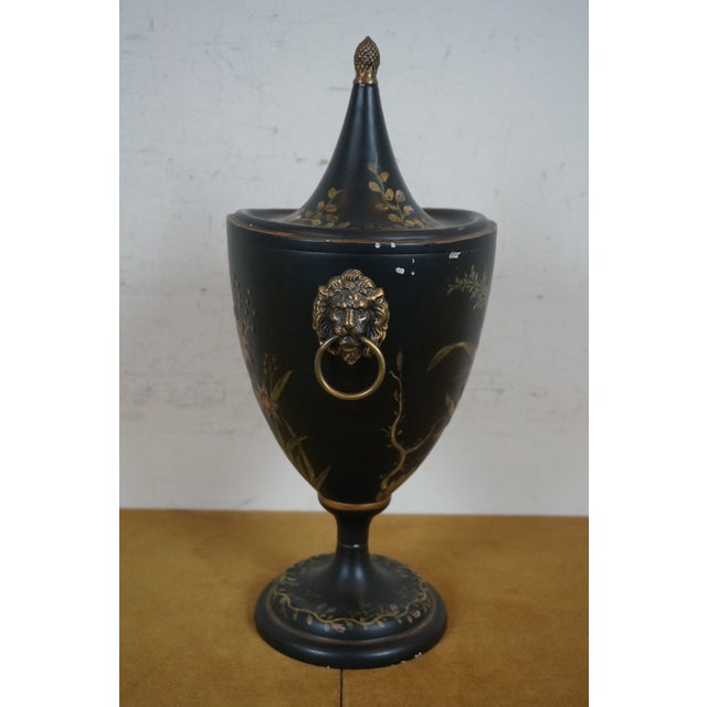 Late 20th Century Vintage Black Toleware Floral Lions Head Chestnut Trophy Mantel Urn For Sale - Image 5 of 12