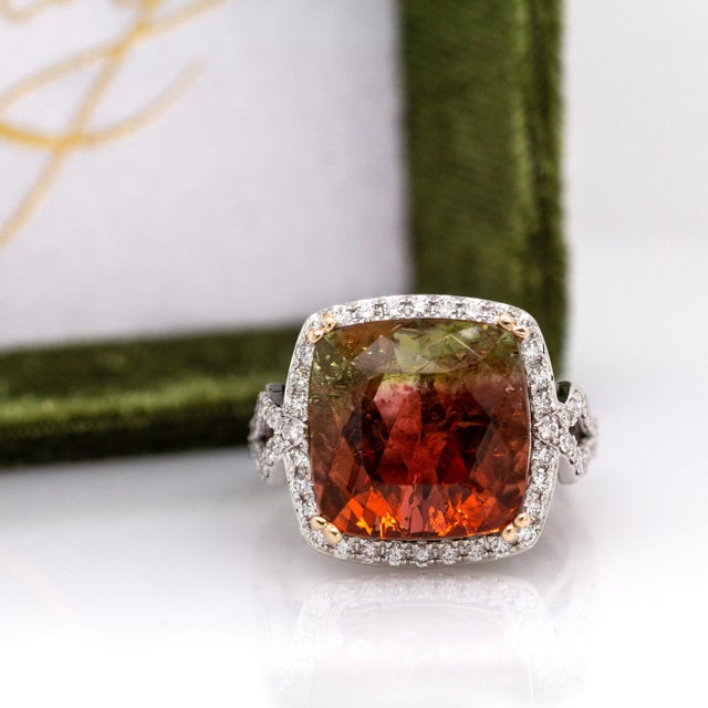 2020s 11cts Bi-Color Tourmaline Ring With Natural Diamond Halo in 14k Solid Dual Gold For Sale - Image 5 of 9
