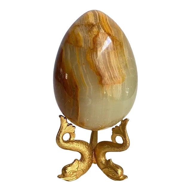 Vintage Petite Banded Onyx Agate Egg Brass Dolphin Stand For Sale