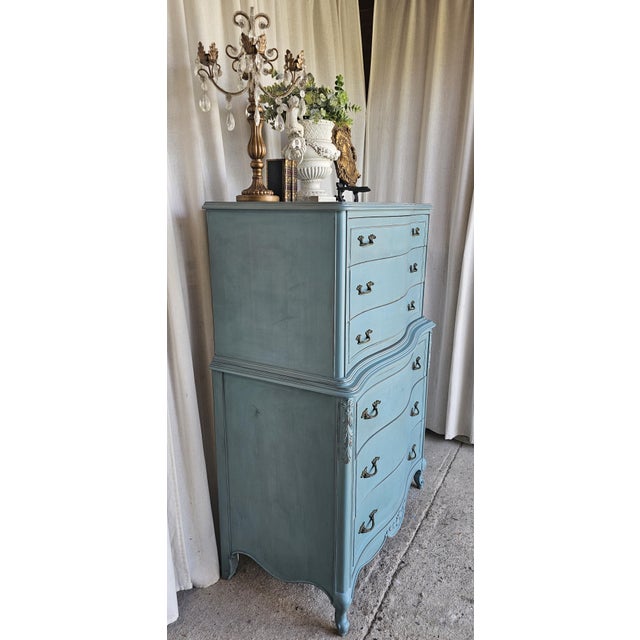 Boho Chic Vintage Chest of Drawers, Turquoise Tall Dresser, Circa 1950's For Sale - Image 3 of 13